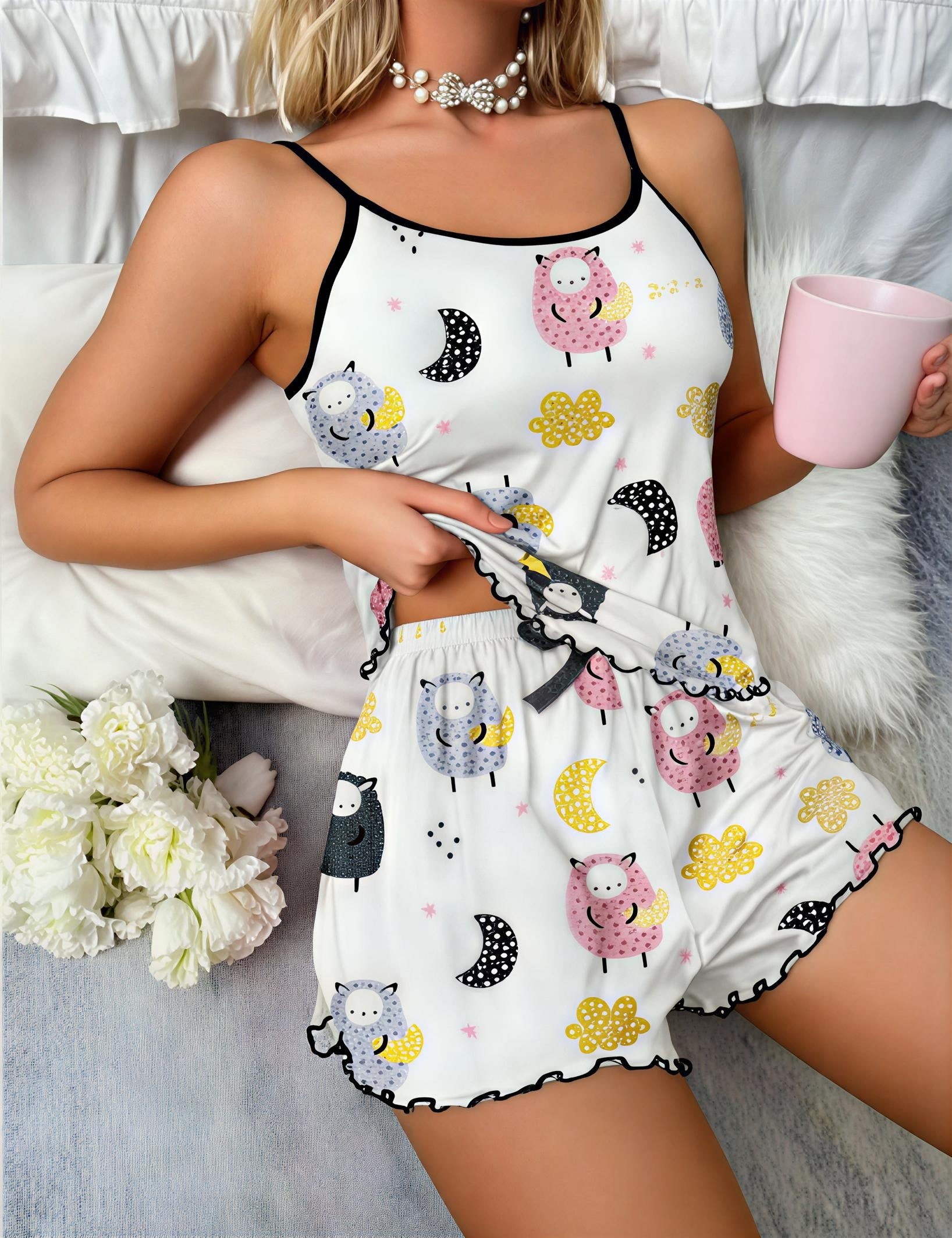 NUANİGHT - Tatlı Baykuş Desenli Kadın Askılı Şortlu Pijama Takımı – Yumuşak ve Rahat Ev Giyim Seti