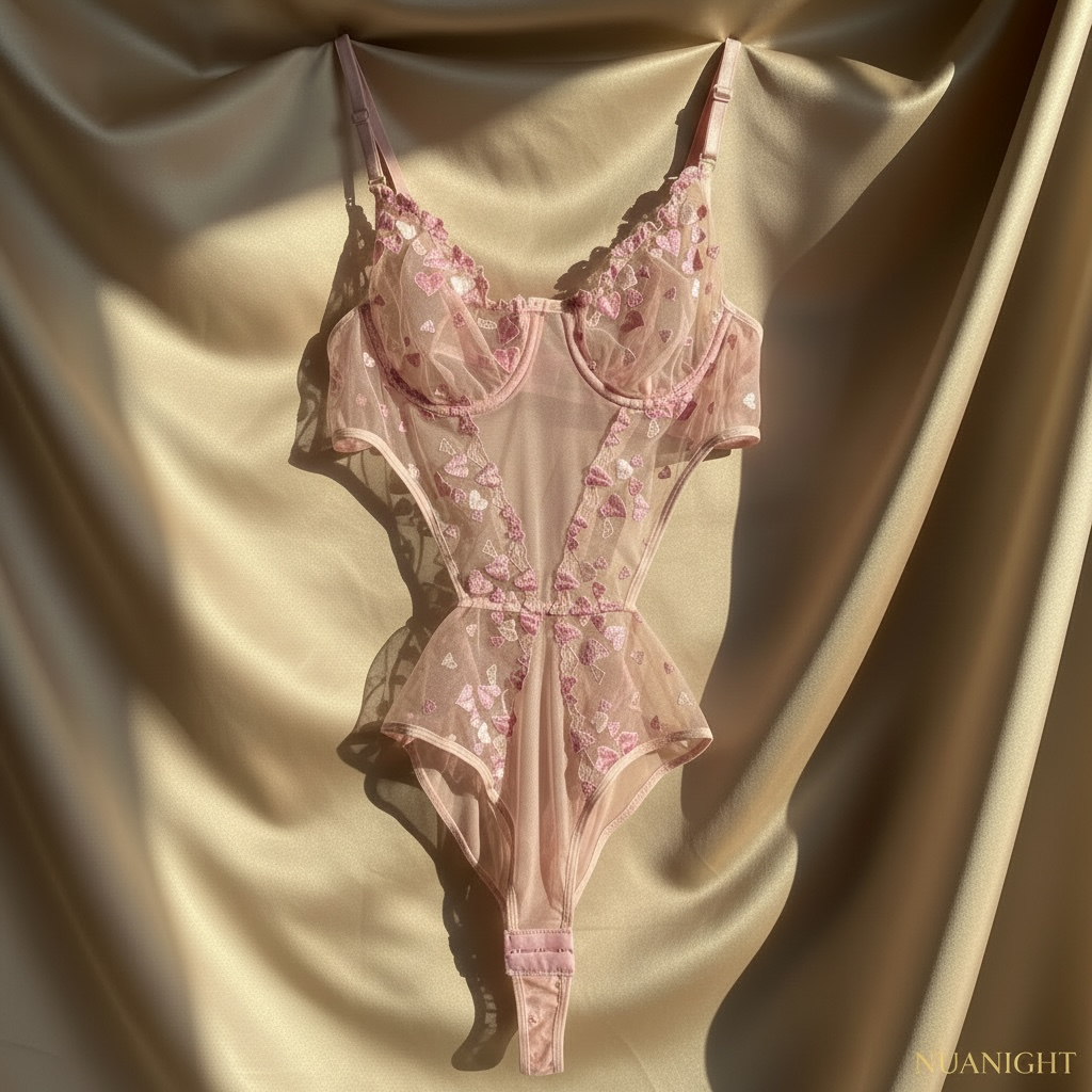 NUANIGHT Pembe Kalp Detaylı Dantel Bodysuit – Transparan Şık ve Zarif Tasarım