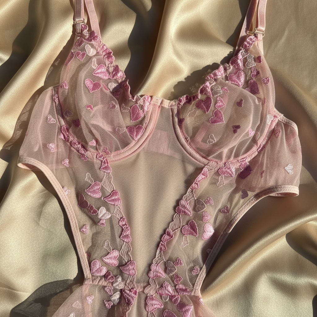 NUANIGHT Pembe Kalp Detaylı Dantel Bodysuit – Transparan Şık ve Zarif Tasarım