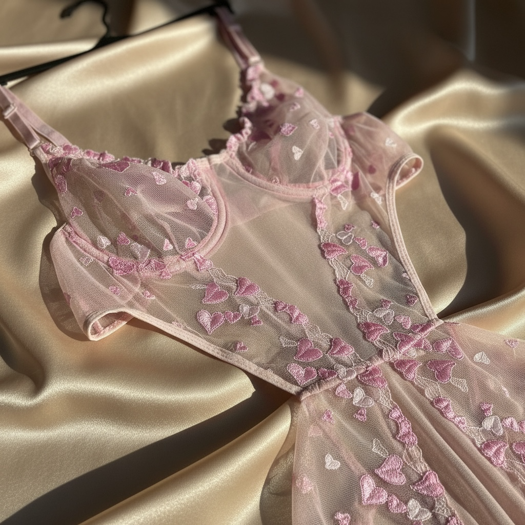 NUANIGHT Pembe Kalp Detaylı Dantel Bodysuit – Transparan Şık ve Zarif Tasarım
