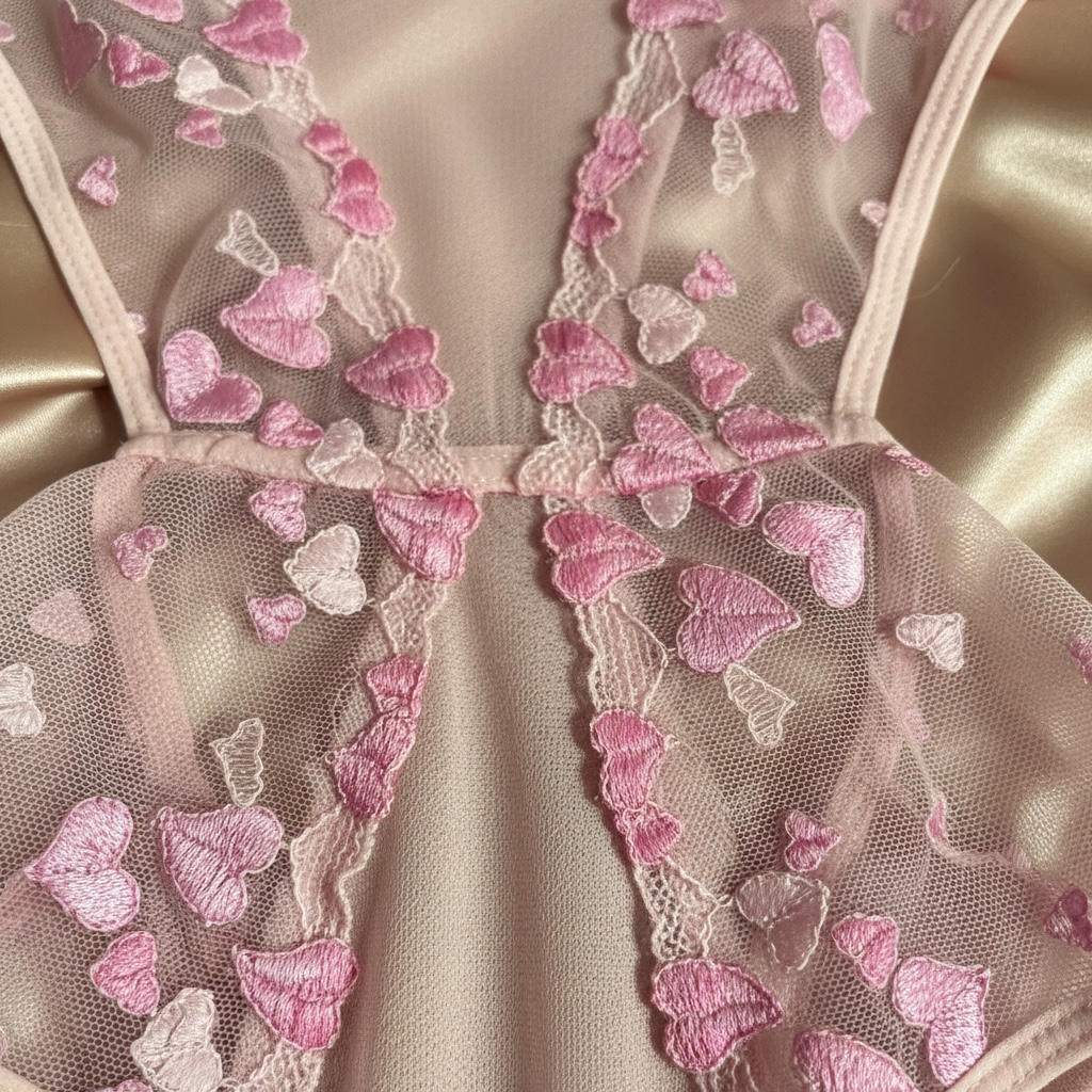 NUANIGHT Pembe Kalp Detaylı Dantel Bodysuit – Transparan Şık ve Zarif Tasarım