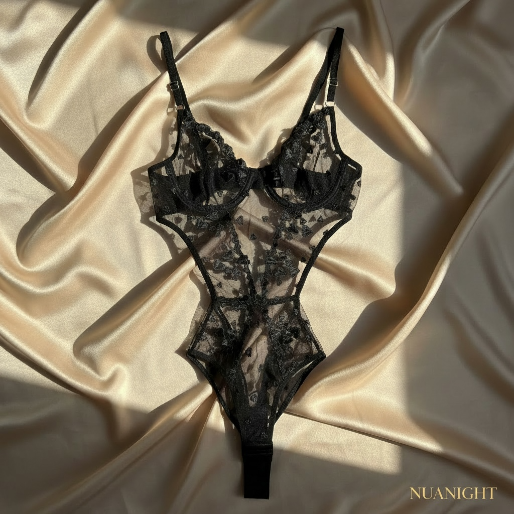 NUANIGHT Siyah Kalp Detaylı Dantel Bodysuit – Transparan Şık ve Çekici Tasarım