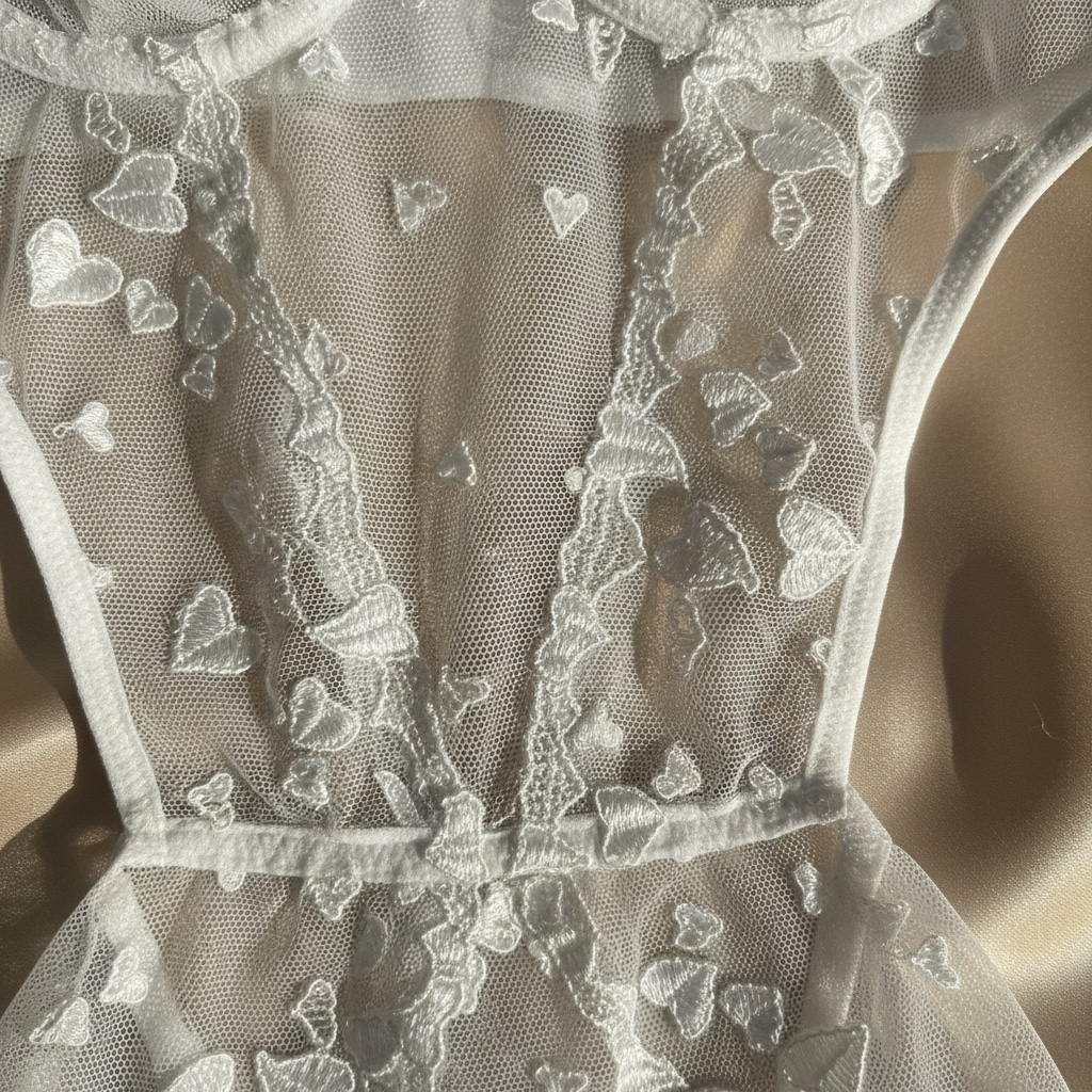 NUANIGHT Beyaz Kalp Detaylı Dantel Bodysuit – Transparan Zarif ve Romantik Tasarım